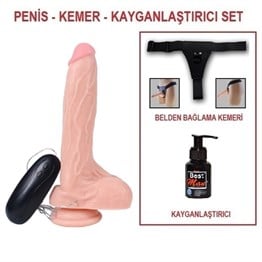 20,5 cm Belden Bağlamalı Gerçekçi Titreşimli Dildo Vibratör Penis Set 