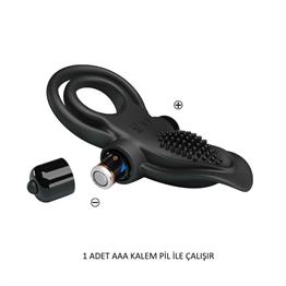 10 Titreşim Fonksiyonlu Klitoris Uyarıcılı Güçlü Titreşimli Siyah Silikon Penis Halkası