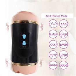 Çift Taraflı Fener Tipi Titreşimli Realistik Suni Vajinal ve Oral Mastürbatör - Kay