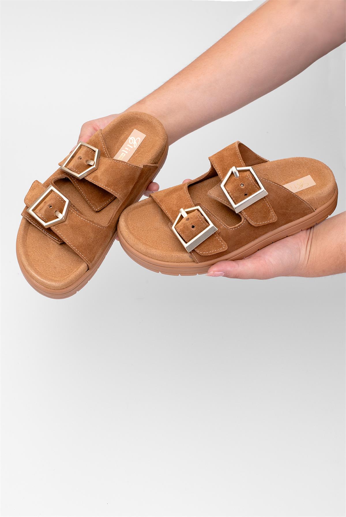 Elit Amoretta Kadın Hakiki Deri Düz Terlik Taba