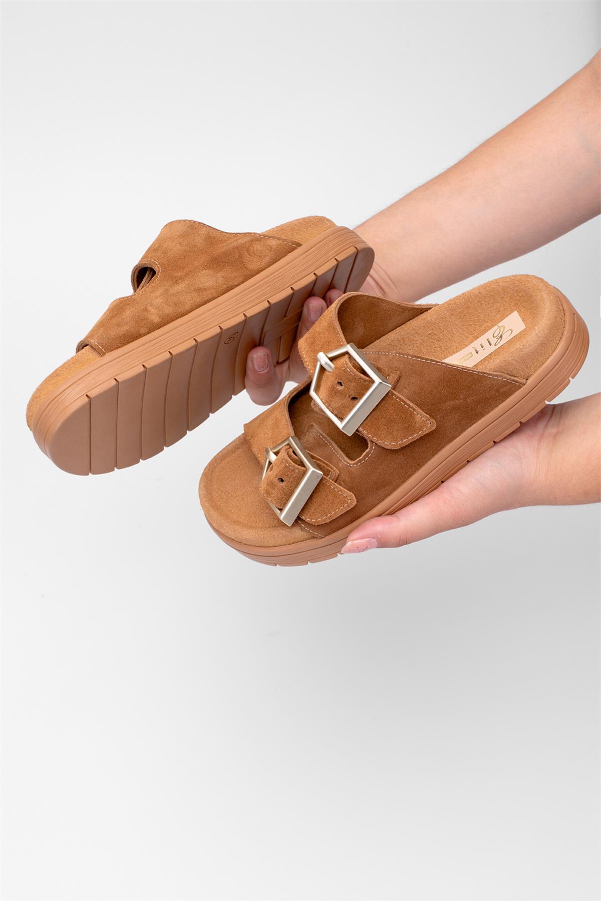 Elit Amoretta Kadın Hakiki Deri Düz Terlik Taba