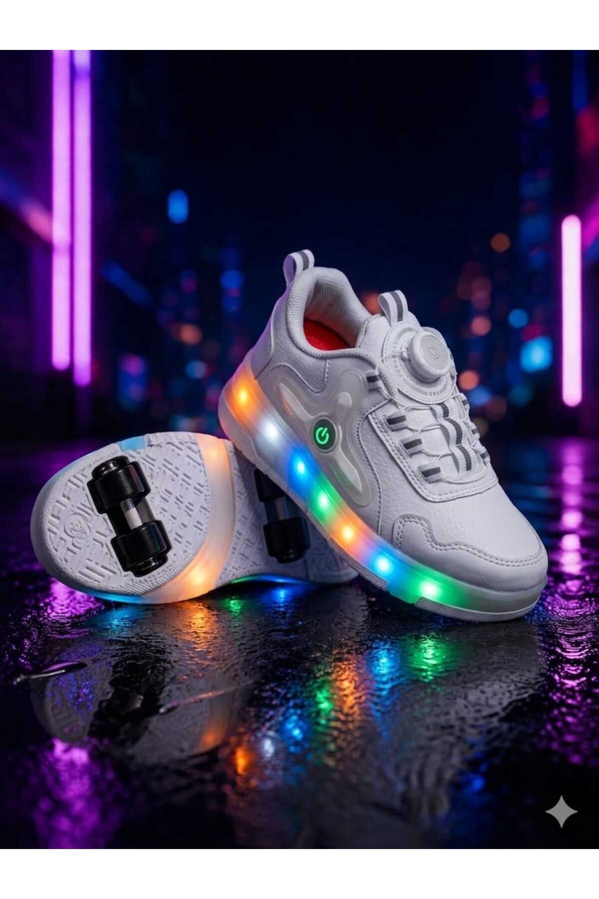 Elit EYL034 Erkek Çocuk RGB LED Işıklı Çıkarılabilir Tekerlekli PATEN Ayakkabı Beyaz
