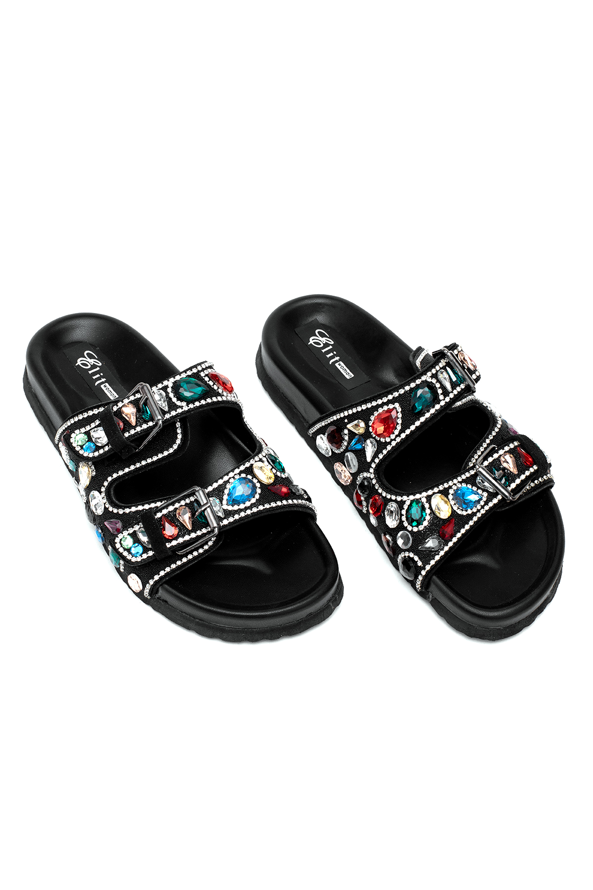 Elit Myra Kadın Hakiki Nubuk Deri Ortopedik Taşlı Düz Terlik Siyah