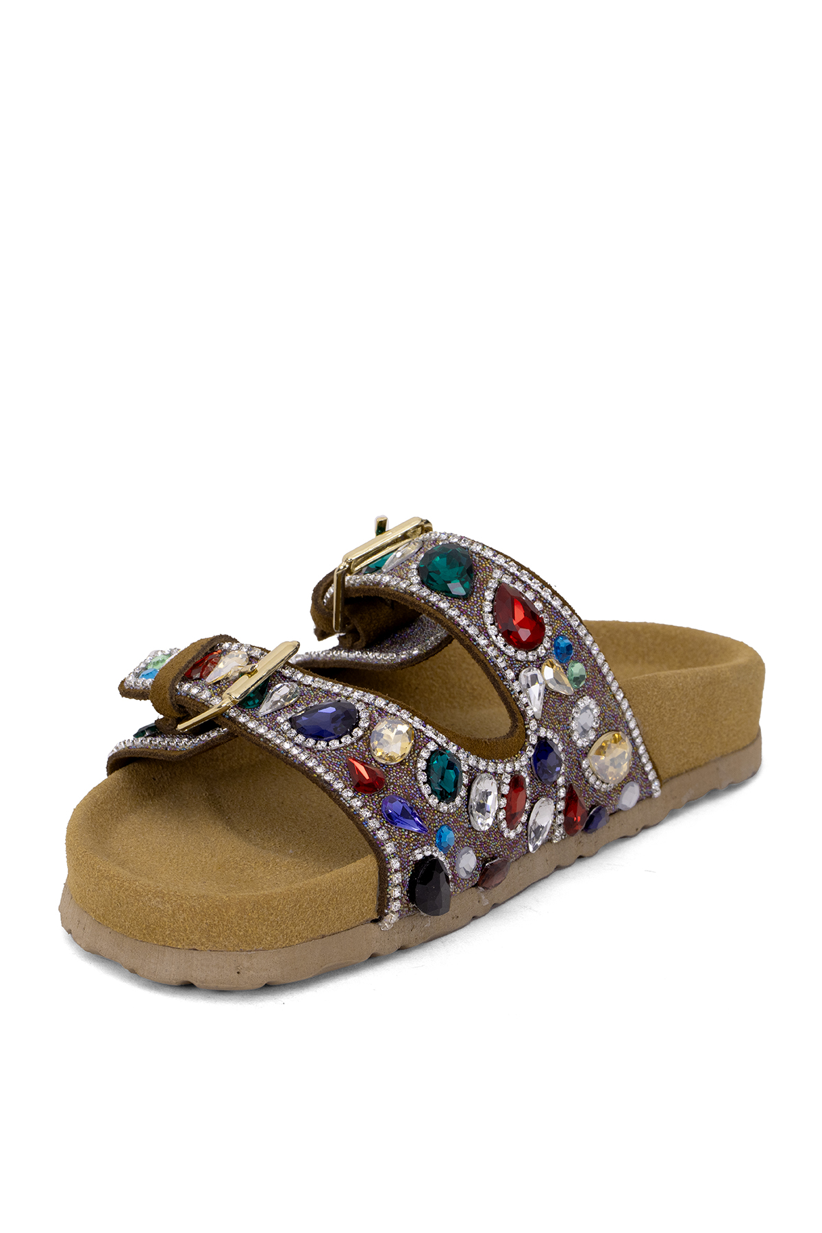 Elit Myra Kadın Hakiki Nubuk Deri Ortopedik Taşlı Düz Terlik Taba