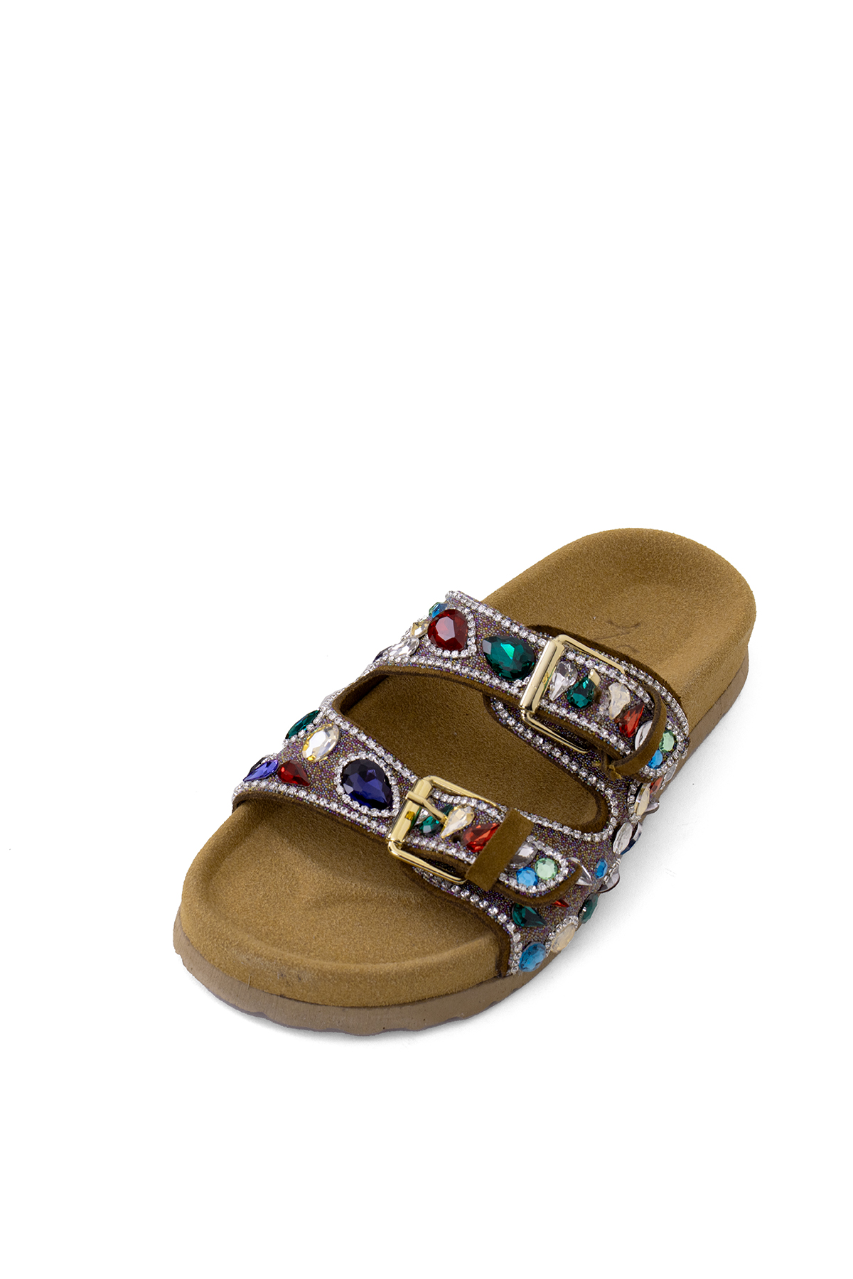 Elit Myra Kadın Hakiki Nubuk Deri Ortopedik Taşlı Düz Terlik Taba