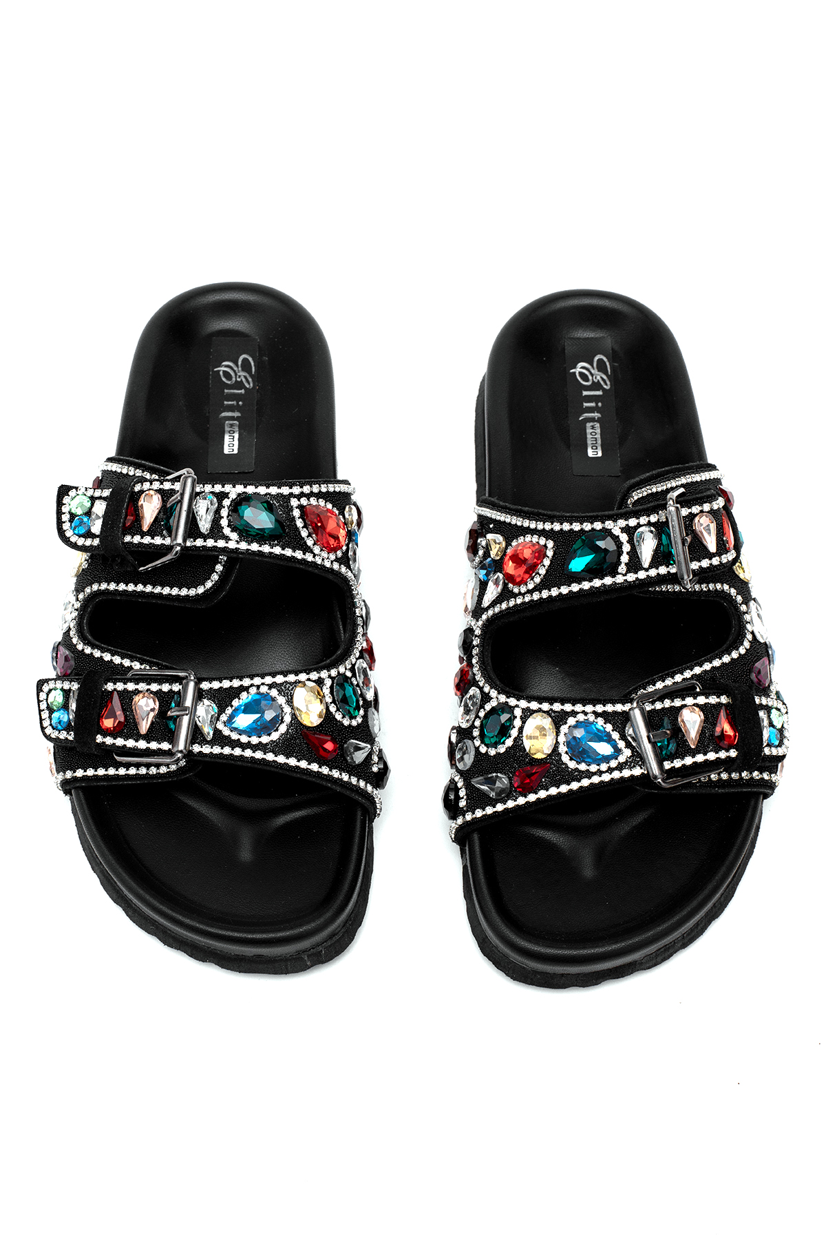 Elit Myra Kadın Hakiki Nubuk Deri Ortopedik Taşlı Düz Terlik Siyah