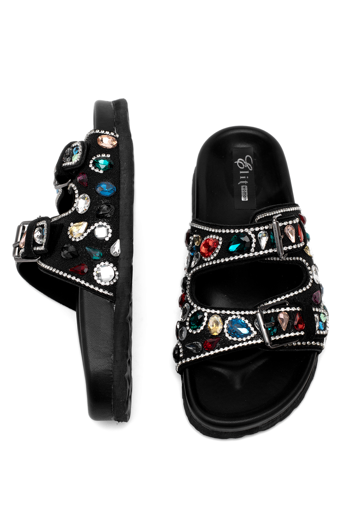 Elit Myra Kadın Hakiki Nubuk Deri Ortopedik Taşlı Düz Terlik Siyah