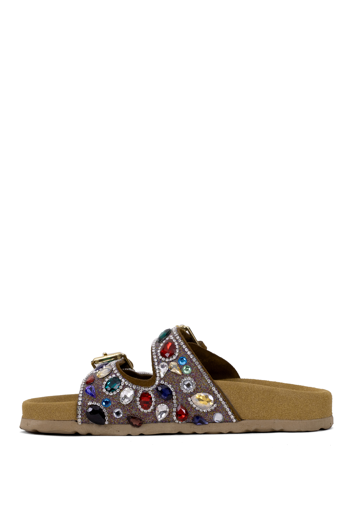 Elit Myra Kadın Hakiki Nubuk Deri Ortopedik Taşlı Düz Terlik Taba