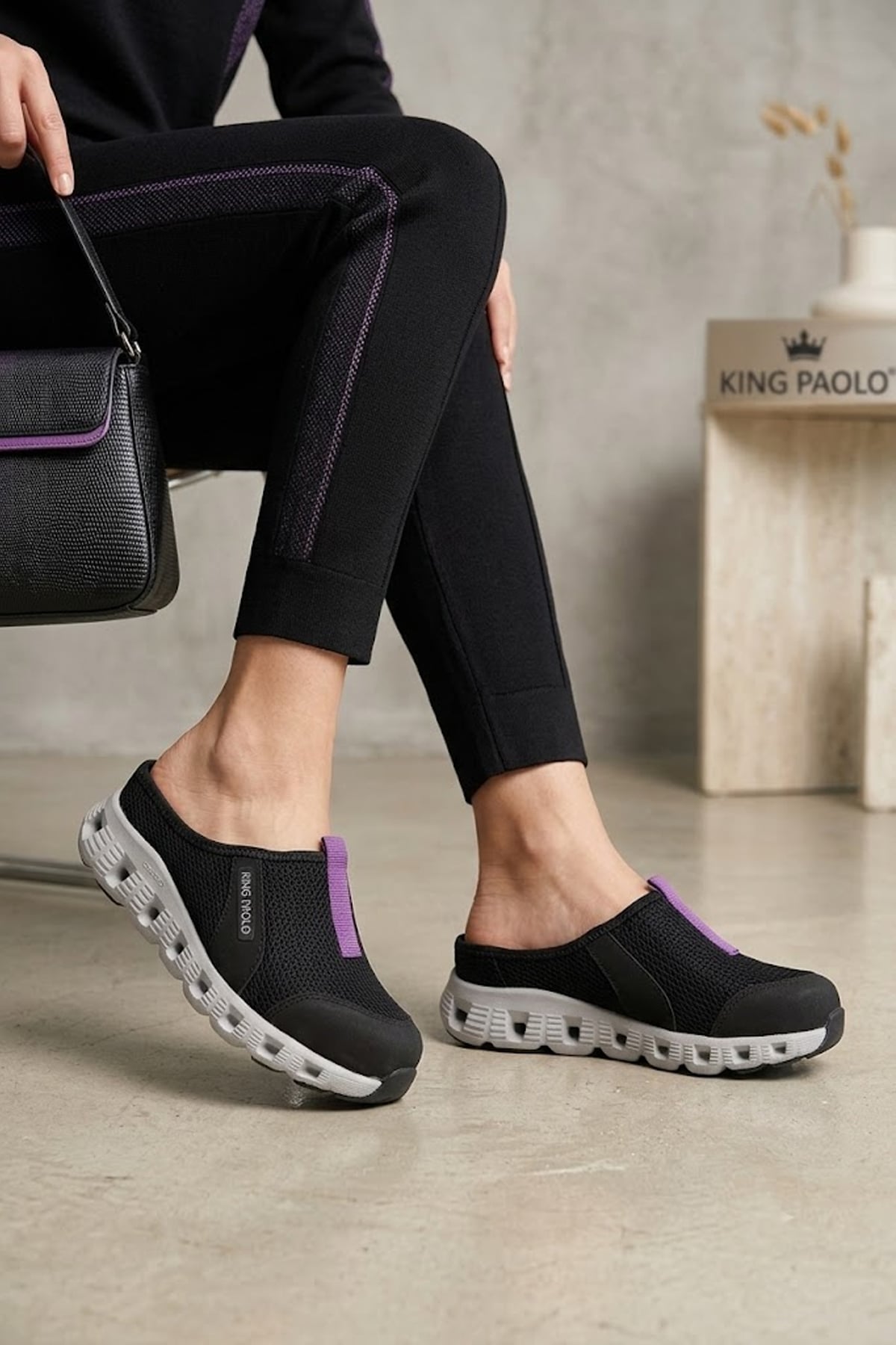 King Paolo H5204 Missy Kadın Memory Foam Sabo Terlik Siyah - Mor