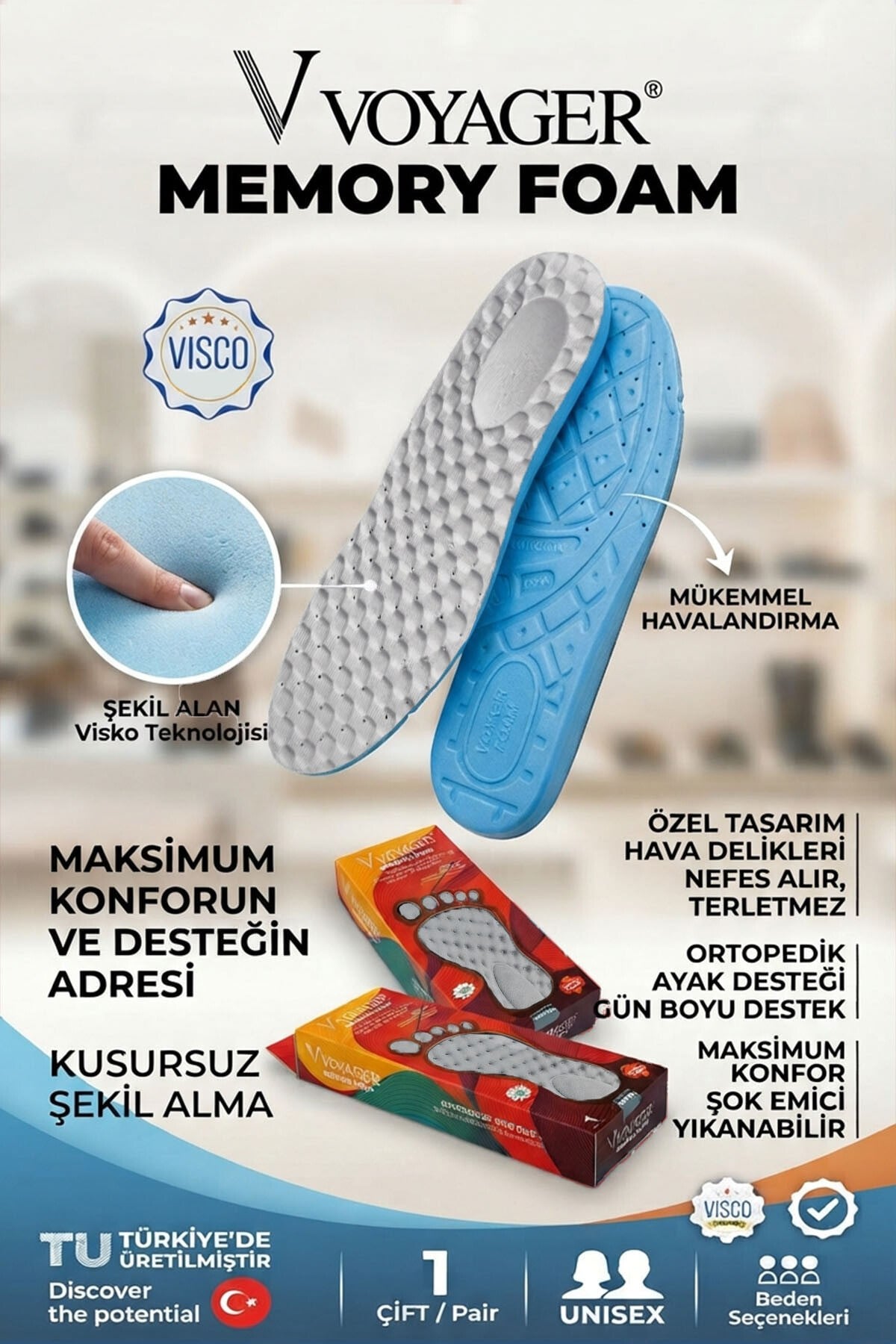 Voyager Memory Foam MFG Terleme Yapmayan Özel Dizayn Ortopedik Tabanlık Gri