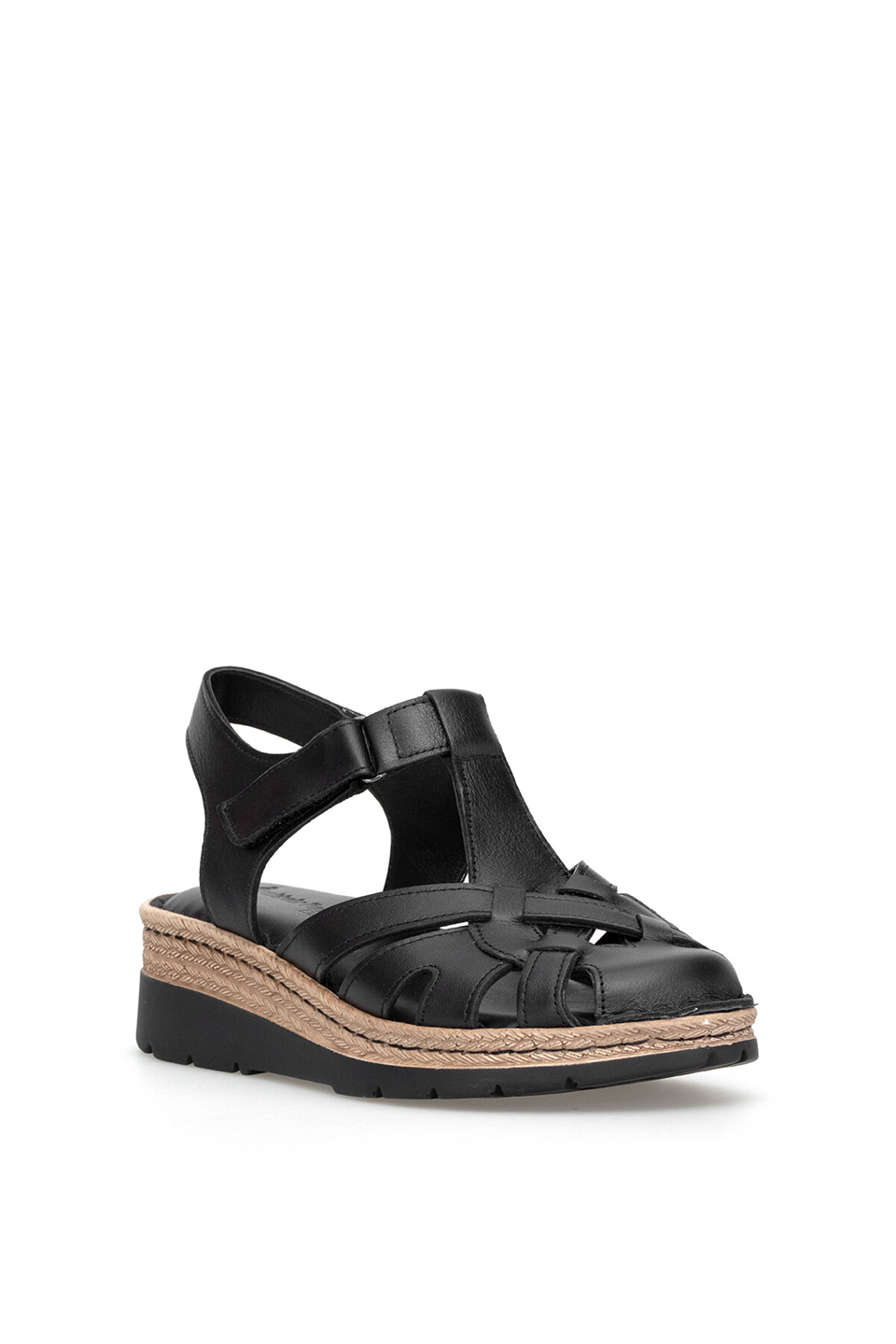 Elit 26YRhm438 Kadın Hakiki Deri Ortopedik Düz Sandalet Siyah