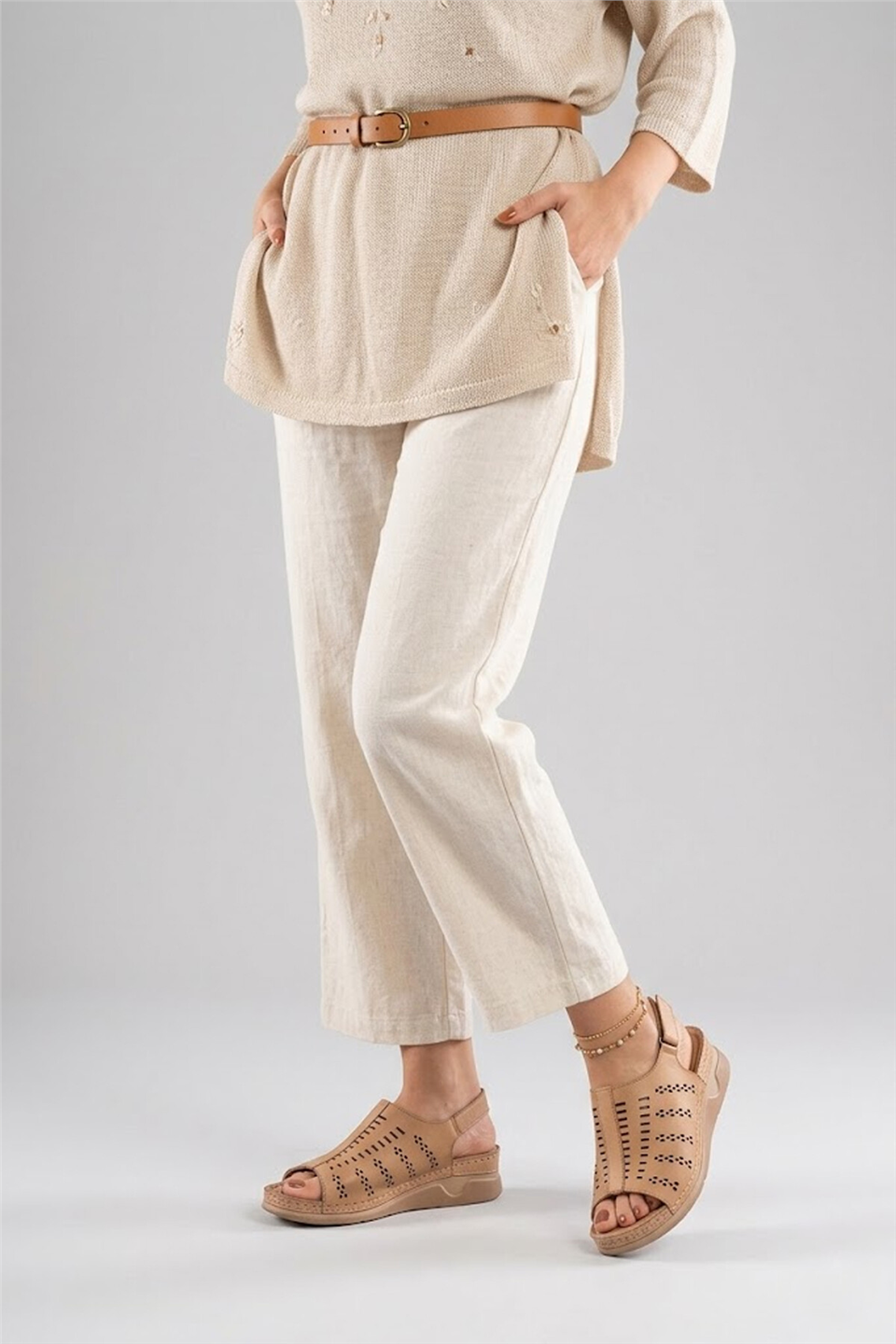 Elit 26YRhmM-033 Kadın Hakiki Deri Ortopedik Düz Sandalet Taba