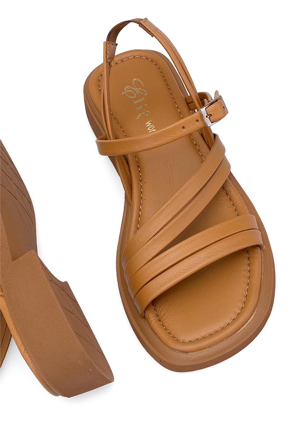 Elit Althea Kadın Hakiki Deri Ortopedik Düz Sandalet Taba