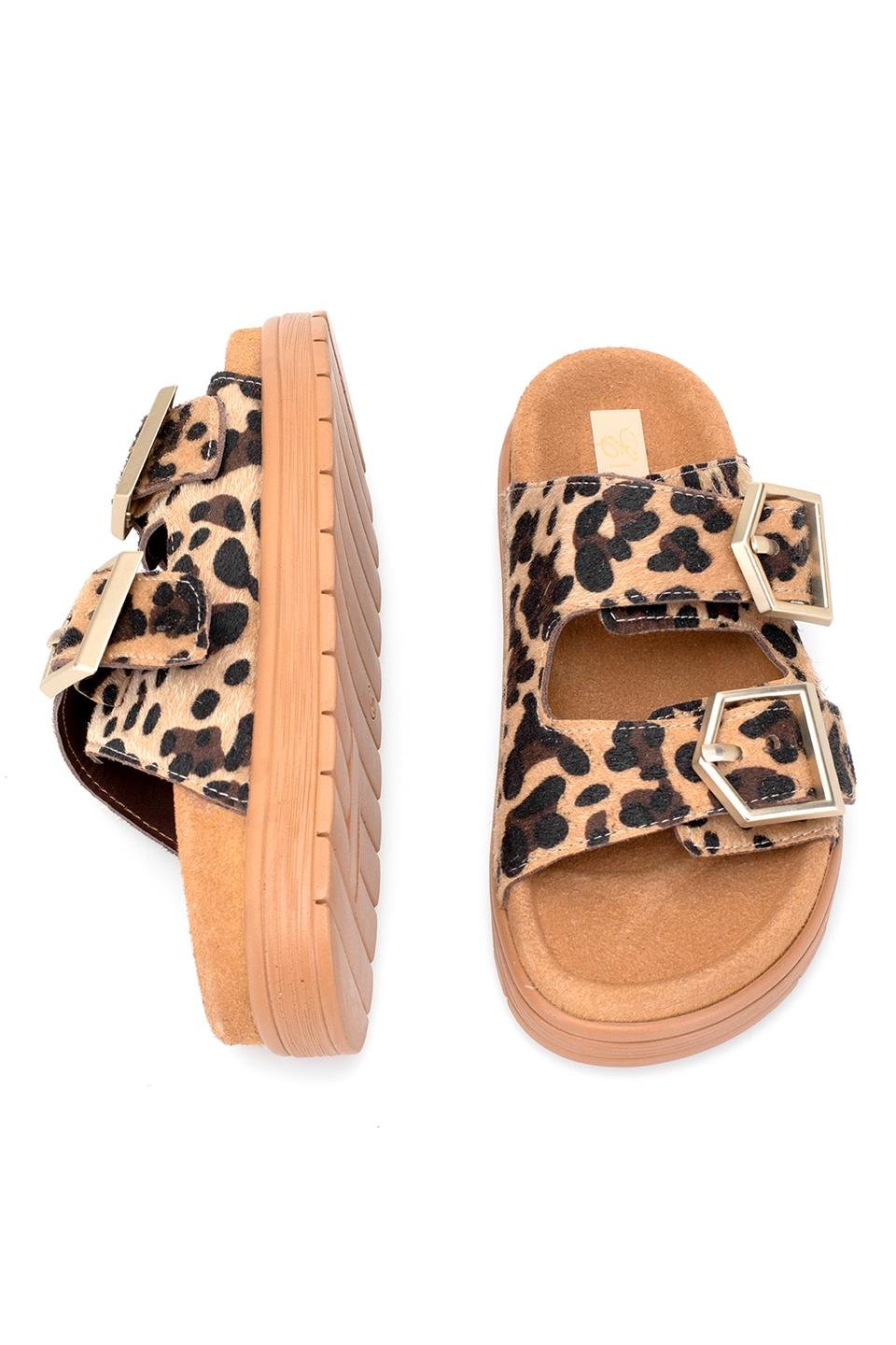 Elit Amoretta Kadın Hakiki Deri Düz Terlik Leopar