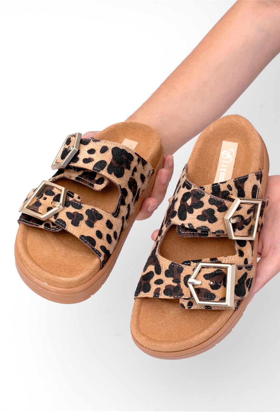 Elit Amoretta Kadın Hakiki Deri Düz Terlik Leopar