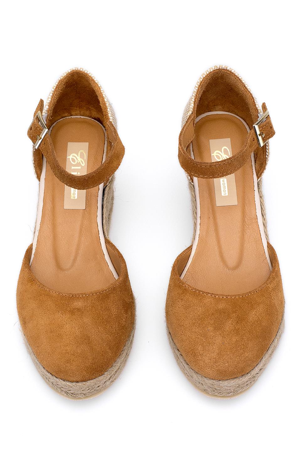 Elit Anastelle Kadın Hakiki Süet Deri Dolgu Topuk Sandalet Taba