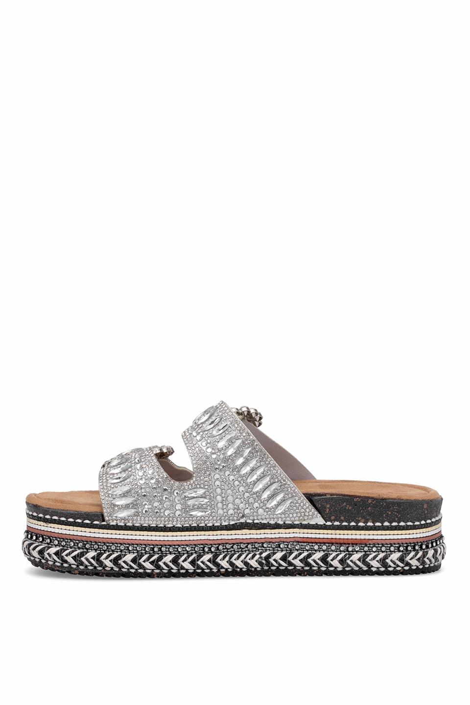 Elit BTBSJ02 Kadın Taşlı Düz Terlik Gümüş