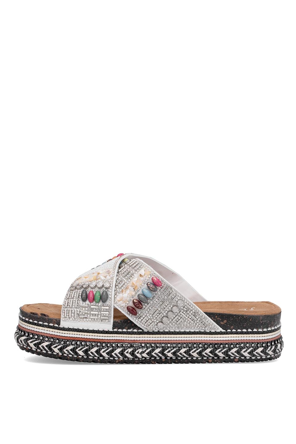 Elit BTBSJ03 Kadın Taşlı Düz Terlik Beyaz