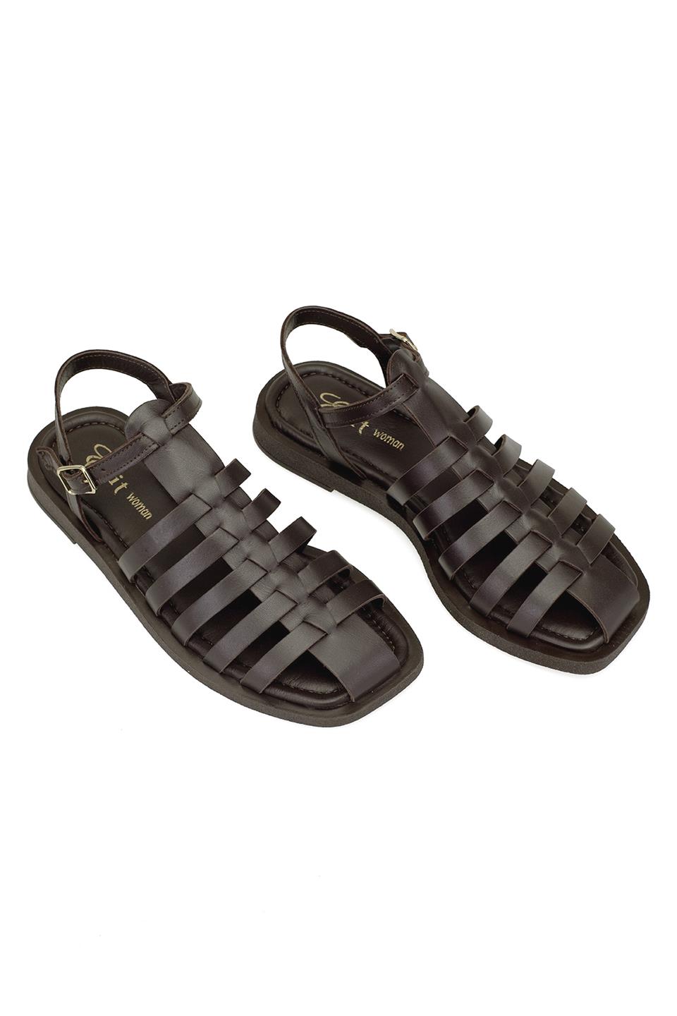 Elit Camila Kadın Hakiki Deri Ortopedik Düz Sandalet Kahverengi