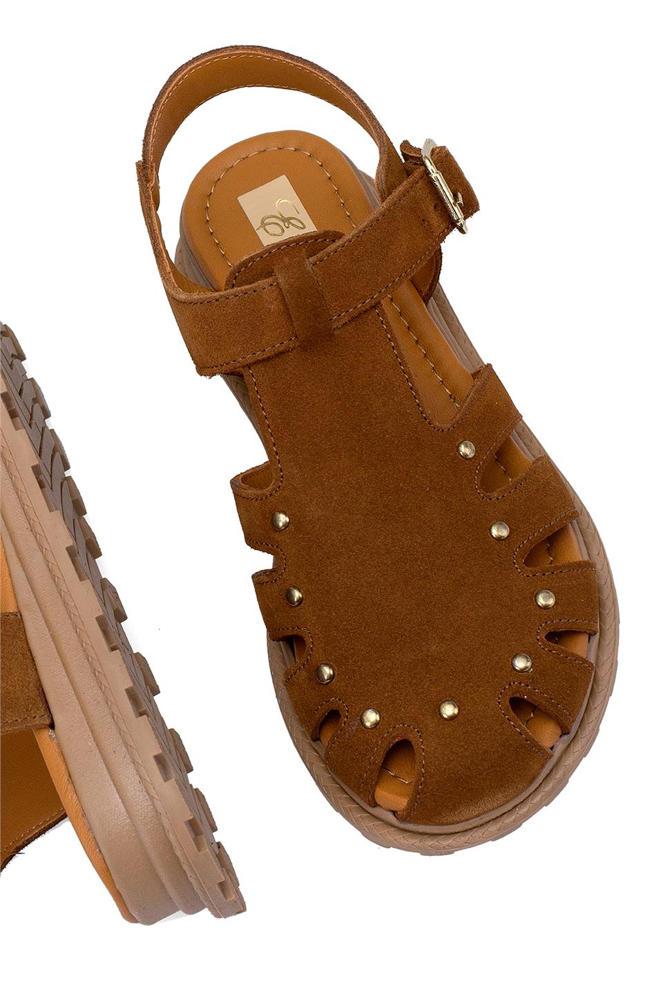 Elit Celestine Kadın Hakiki Deri Düz Sandalet Taba