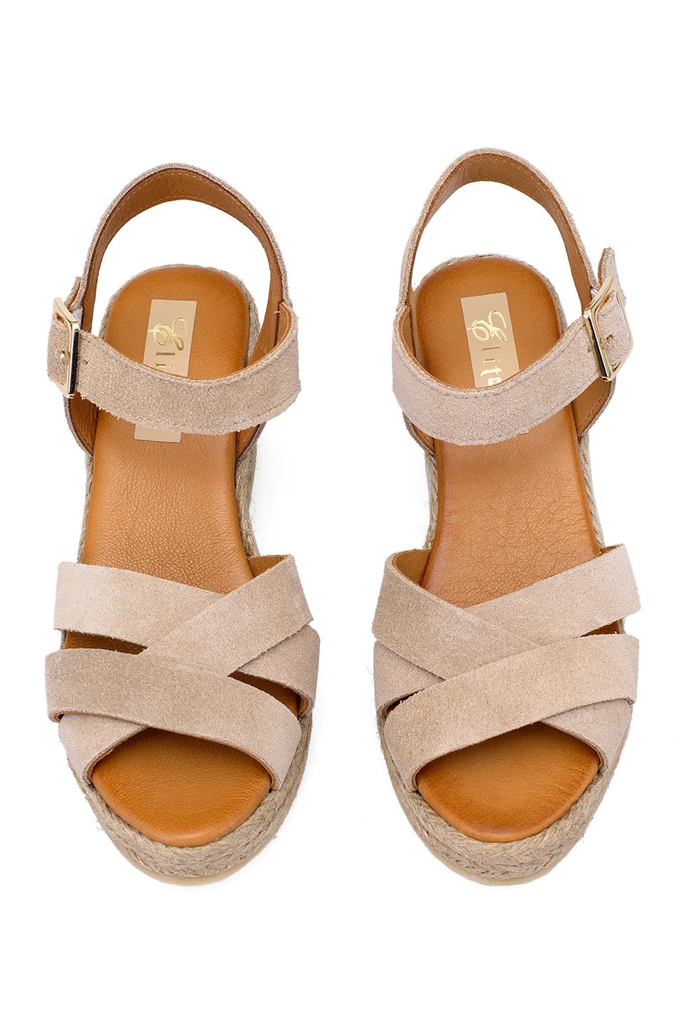 Elit Delina Kadın Hakiki Süet Deri Dolgu Topuk Sandalet Bej