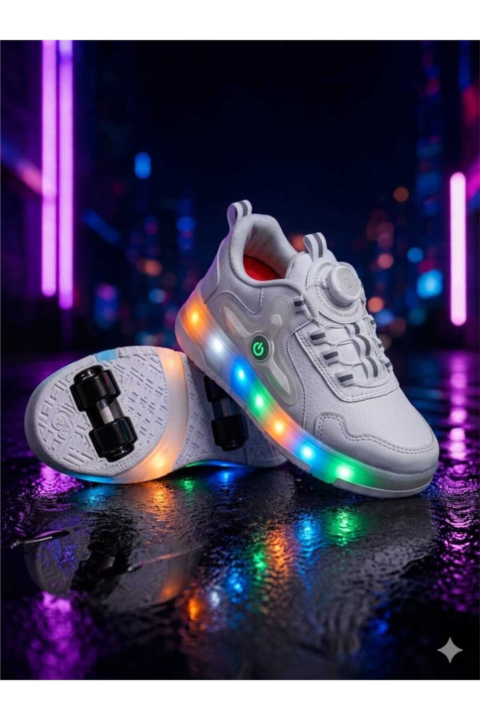 Elit EYL034 Erkek Çocuk RGB LED Işıklı Çıkarılabilir Tekerlekli PATEN Ayakkabı Beyaz