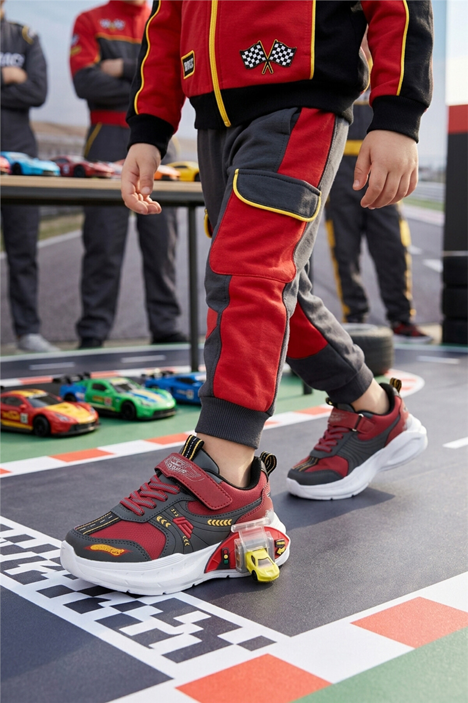 Elit Garaj Tabanlı Çift Metal Arabalı Ortopedik Filet Çocuk Spor Ayakkabı Kırmızı