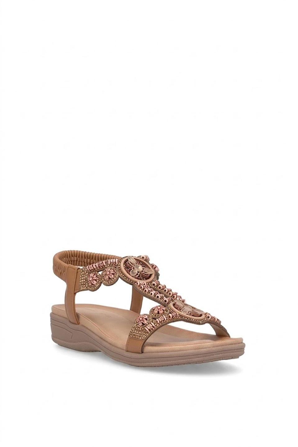 Elit HML4053 Kadın Taşlı Düz Sandalet Camel