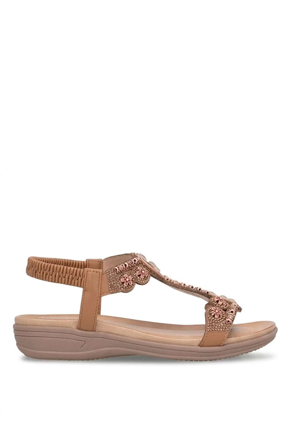 Elit HML4053 Kadın Taşlı Düz Sandalet Camel