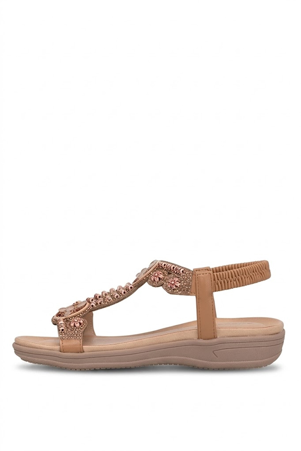 Elit HML4053 Kadın Taşlı Düz Sandalet Camel