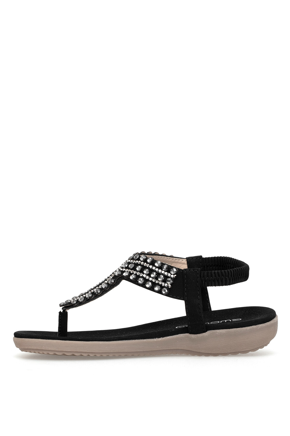 Elit HML7057 Kadın Taşlı Düz Sandalet Siyah