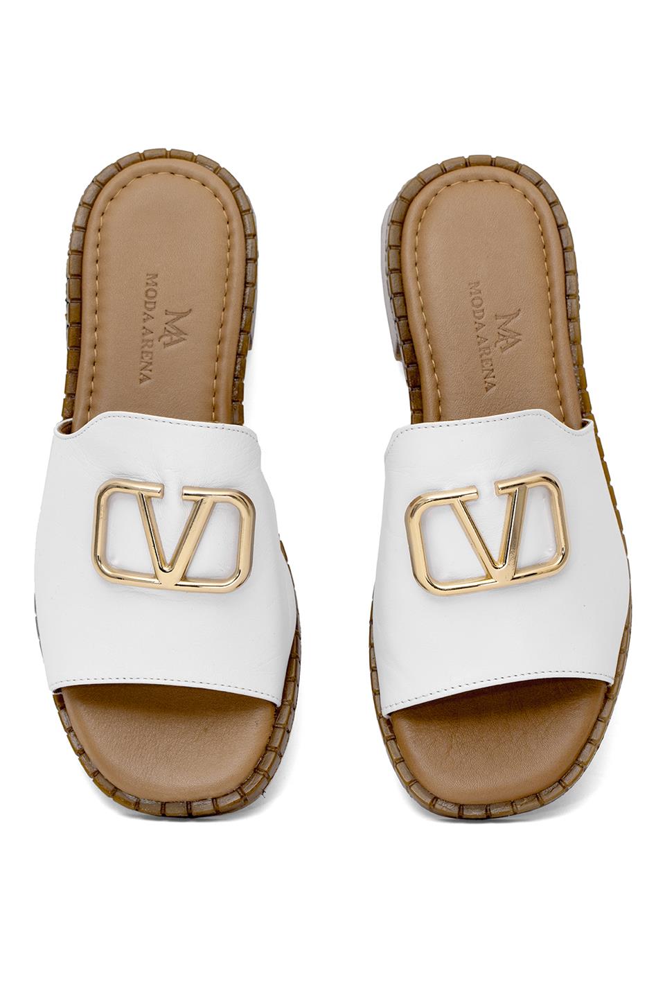 Elit Kira Kadın Hakiki Deri Düz Terlik Beyaz