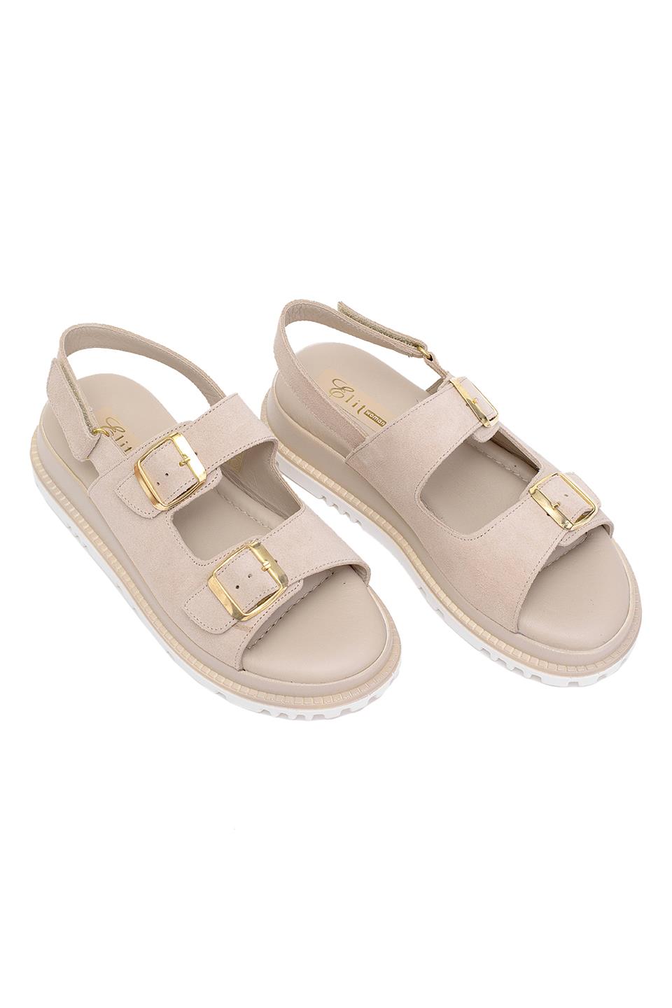 Elit Lexa Kadın Hakiki Deri Düz Sandalet Bej