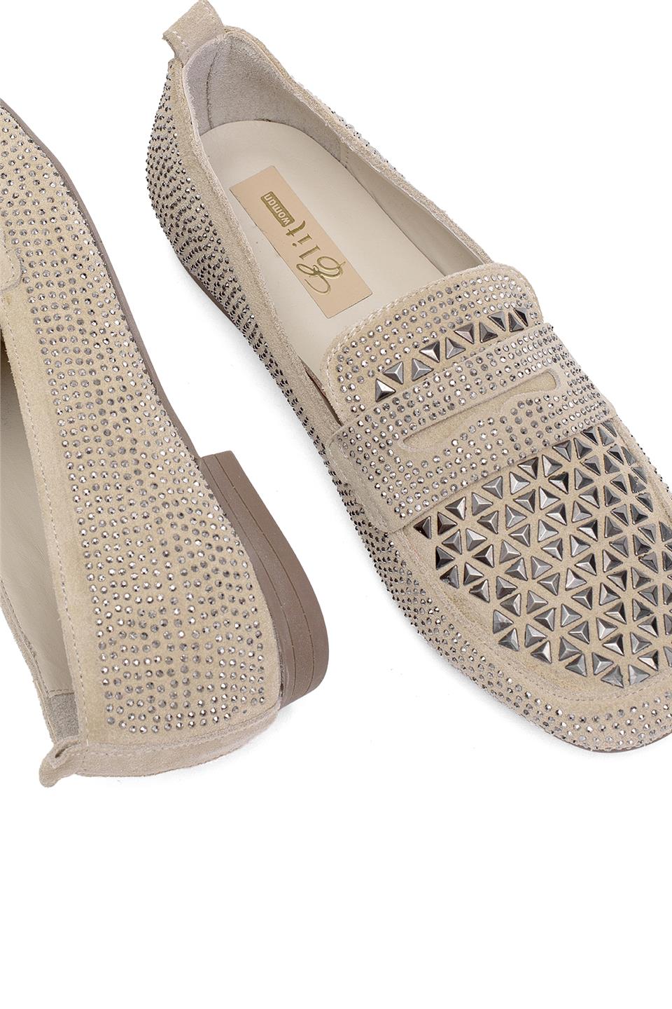 Elit Liora Kadın Hakiki Deri Troklu Babet Bej