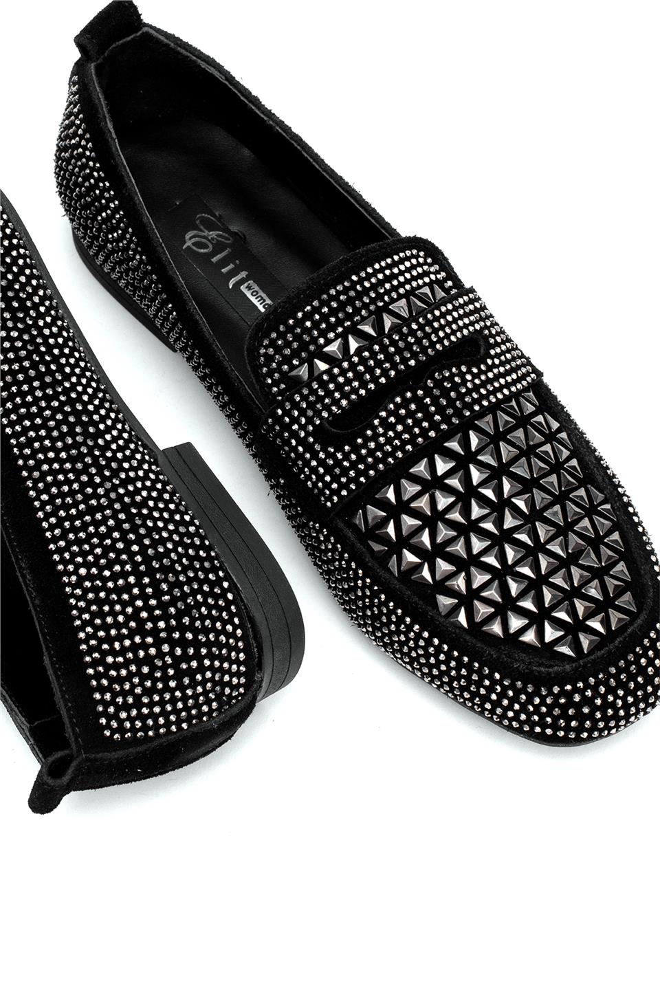 Elit Liora Kadın Hakiki Deri Troklu Babet Siyah