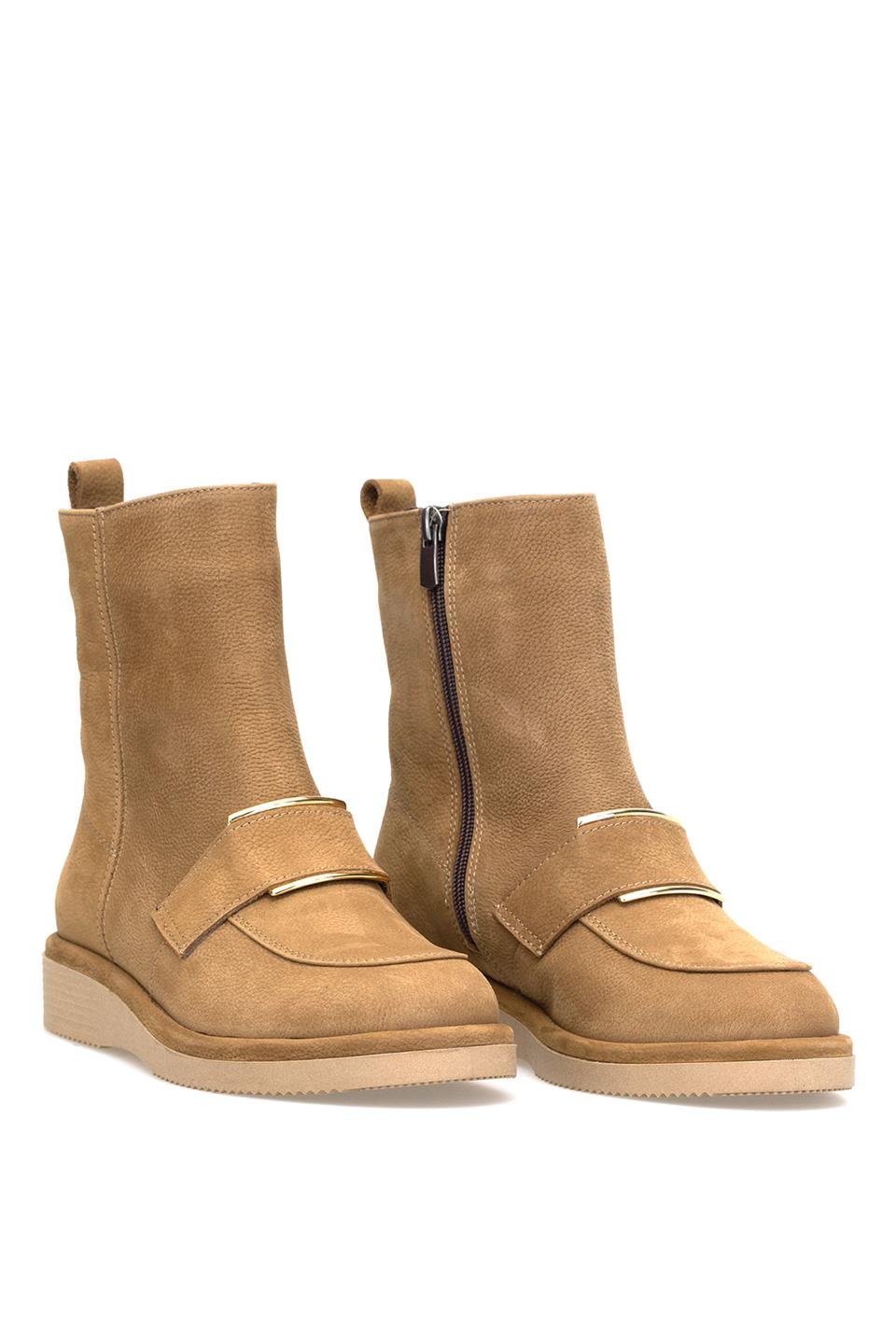 Elit Lorivane Kadın Hakiki Nubuk Deri Düz Bot Taba