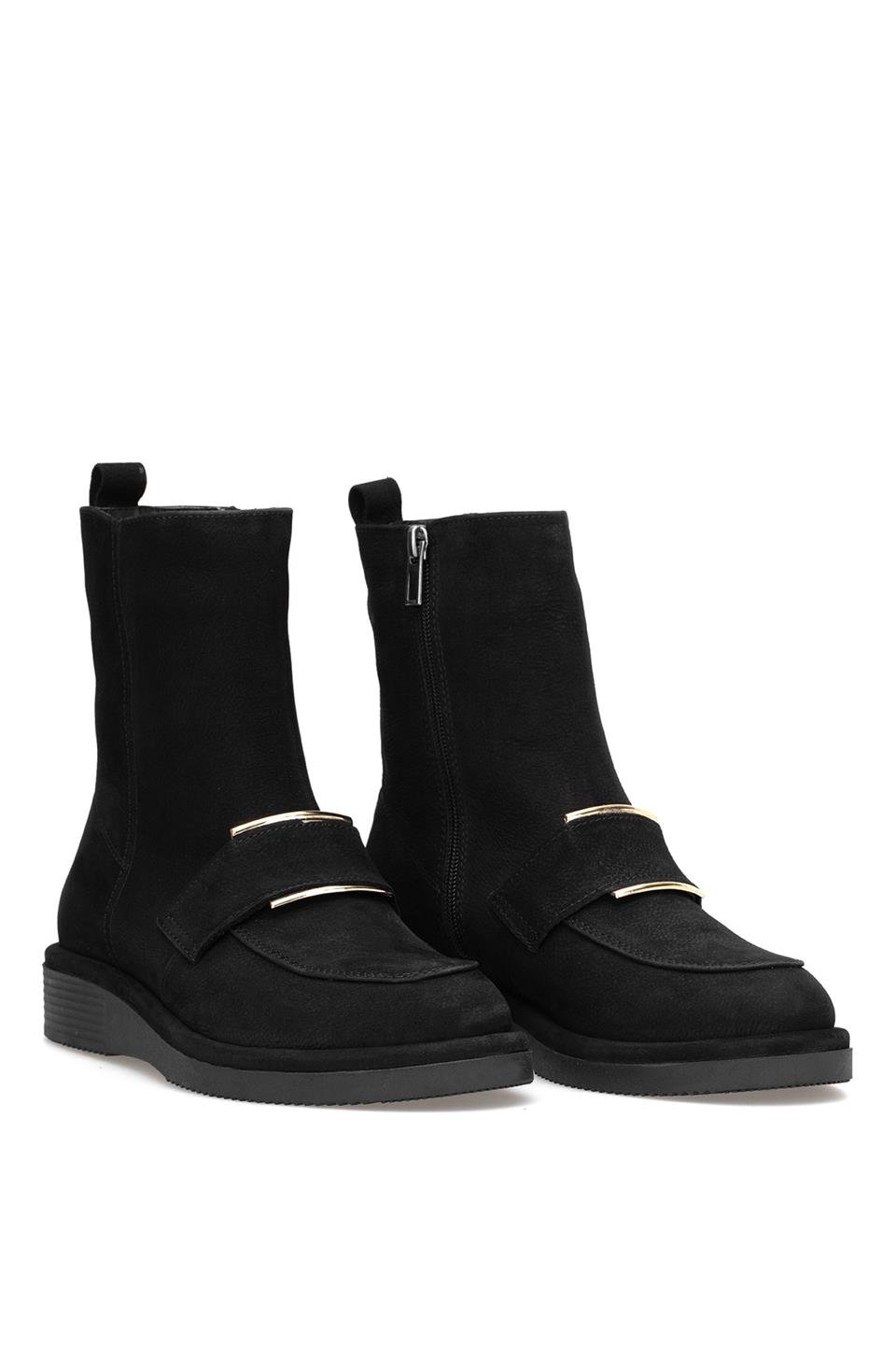 Elit Lorivane Kadın Hakiki Nubuk Deri Düz Bot Siyah