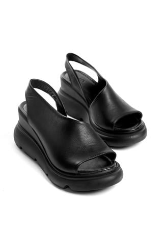 Elit Lyna Kadın Hakiki Deri Dolgu Topuk Sandalet Siyah