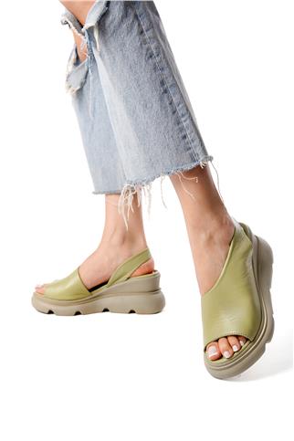 Elit Lyna Kadın Hakiki Deri Dolgu Topuk Sandalet Yeşil