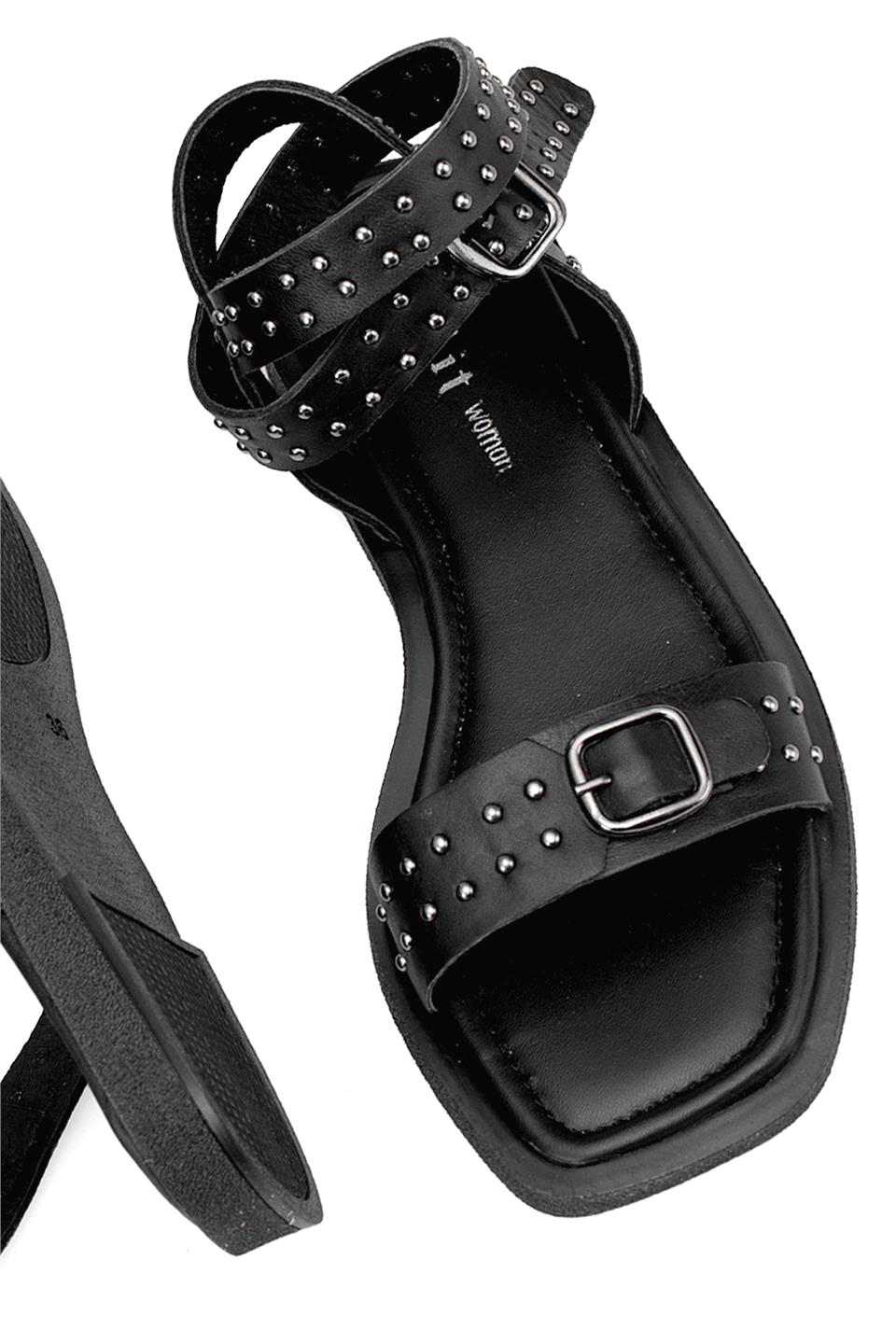 Elit Maribelle Kadın Hakiki Deri Ortopedik Düz Sandalet Siyah