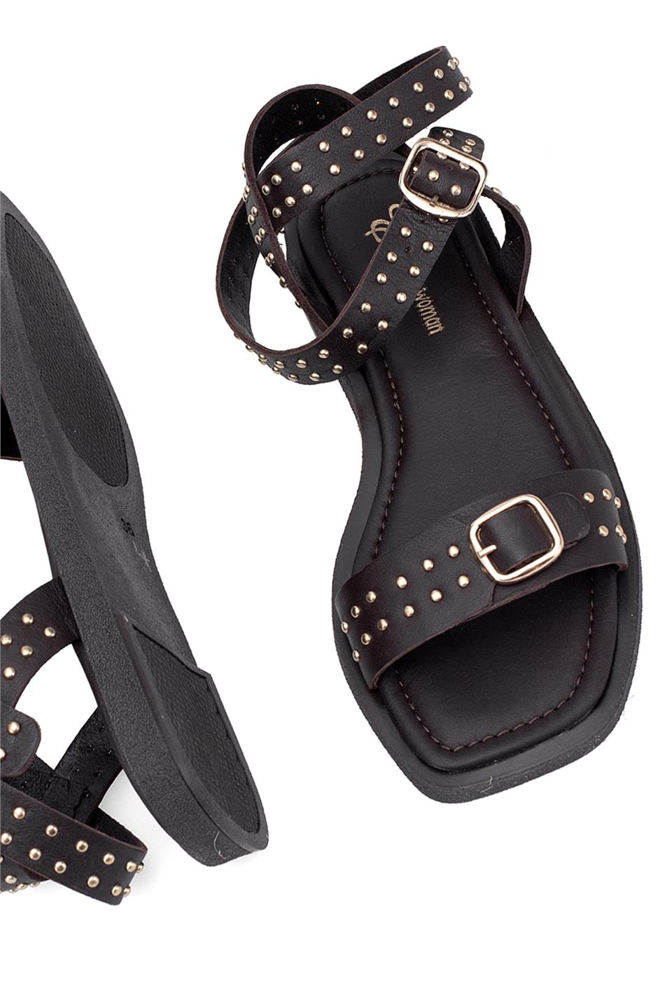 Elit Maribelle Kadın Hakiki Deri Ortopedik Düz Sandalet Kahverengi