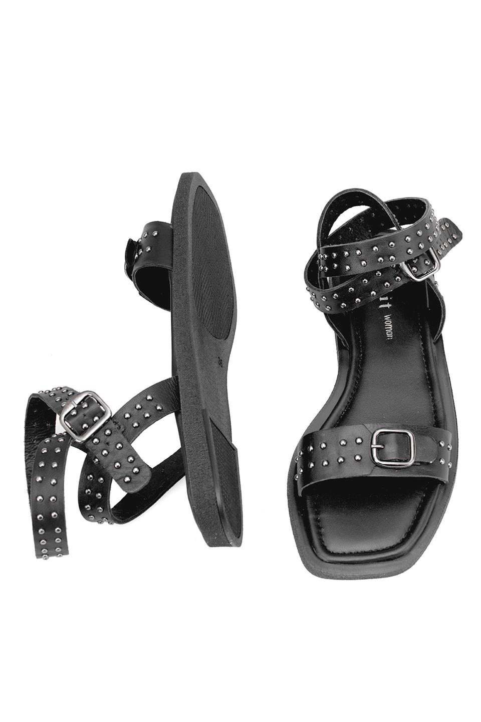 Elit Maribelle Kadın Hakiki Deri Ortopedik Düz Sandalet Siyah