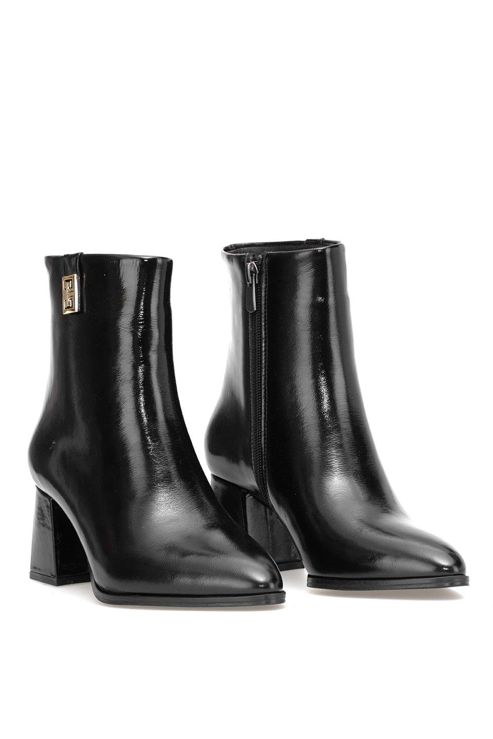 Elit Marivonne Kadın Hakiki Rugan Deri Topuklu Bot Siyah