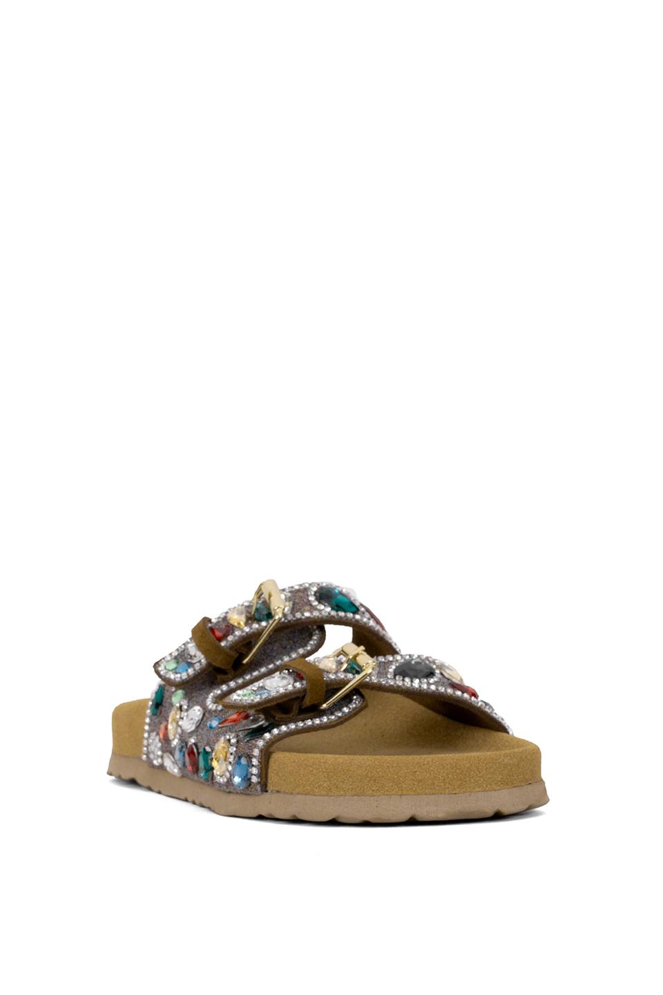 Elit Myra Kadın Hakiki Nubuk Deri Ortopedik Taşlı Düz Terlik Taba