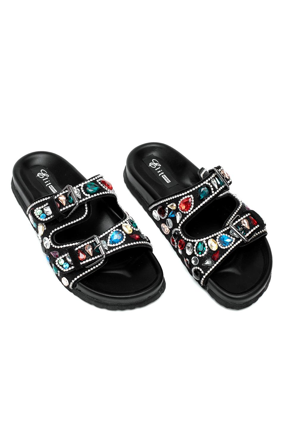 Elit Myra Kadın Hakiki Nubuk Deri Ortopedik Taşlı Düz Terlik Siyah