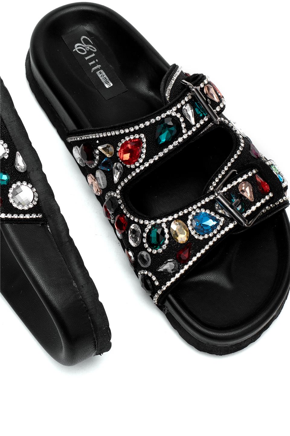 Elit Myra Kadın Hakiki Nubuk Deri Ortopedik Taşlı Düz Terlik Siyah