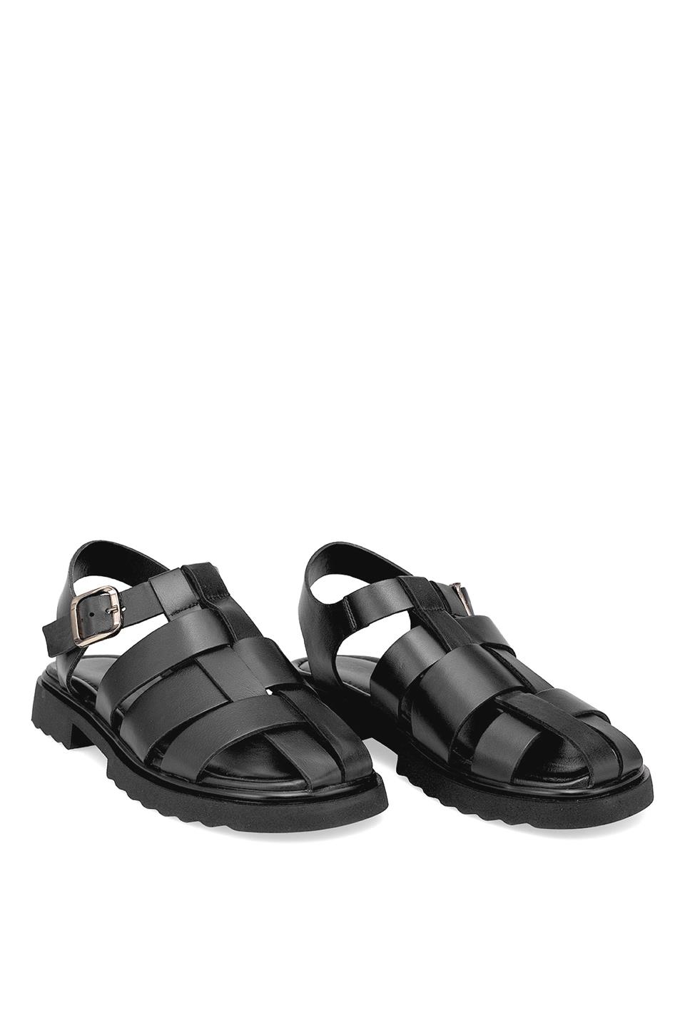 Elit Nerina Kadın Hakiki Deri Ortopedik Düz Sandalet Siyah