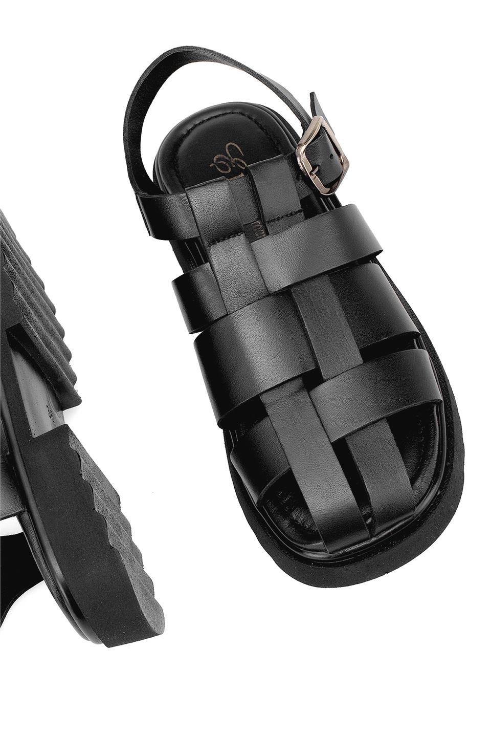 Elit Nerina Kadın Hakiki Deri Ortopedik Düz Sandalet Siyah