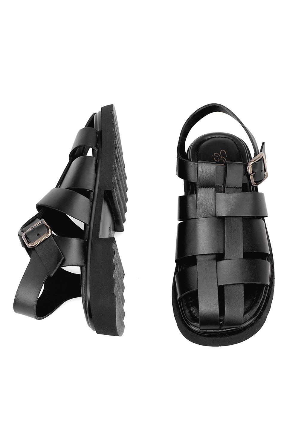 Elit Nerina Kadın Hakiki Deri Ortopedik Düz Sandalet Siyah