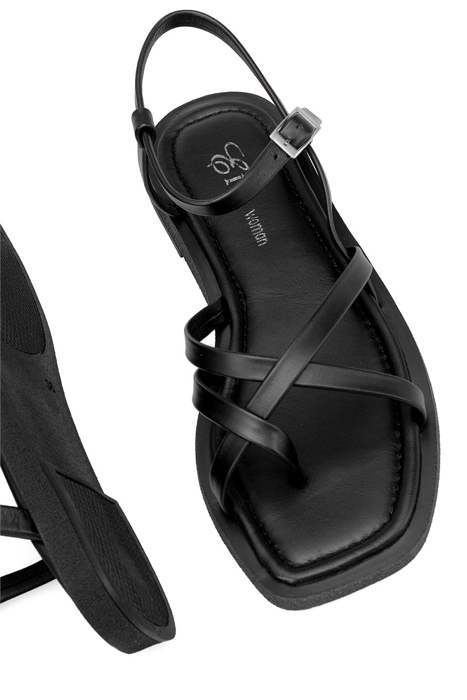 Elit Raveena Kadın Hakiki Deri Ortopedik Düz Sandalet Siyah